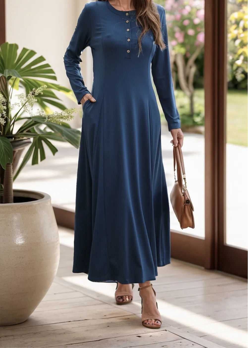 Round Neck Long Sleeve Maxi Dress with Pockets