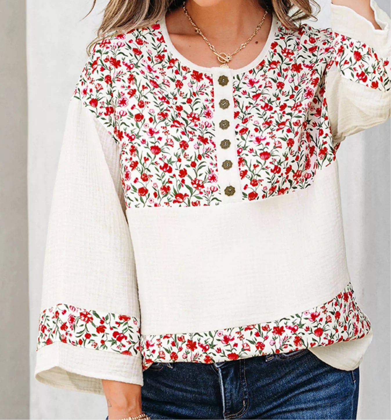 Floral Print Henley Button 3/4 Sleeve Blouse