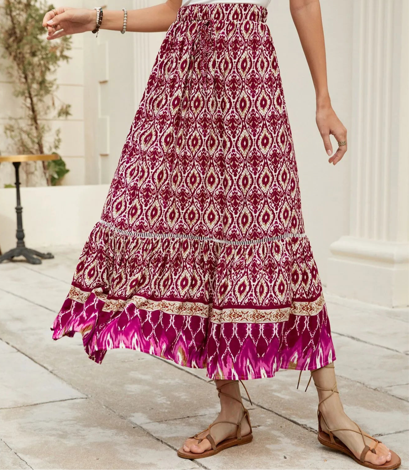 Bohemian Printed Ruched Maxi Skirt