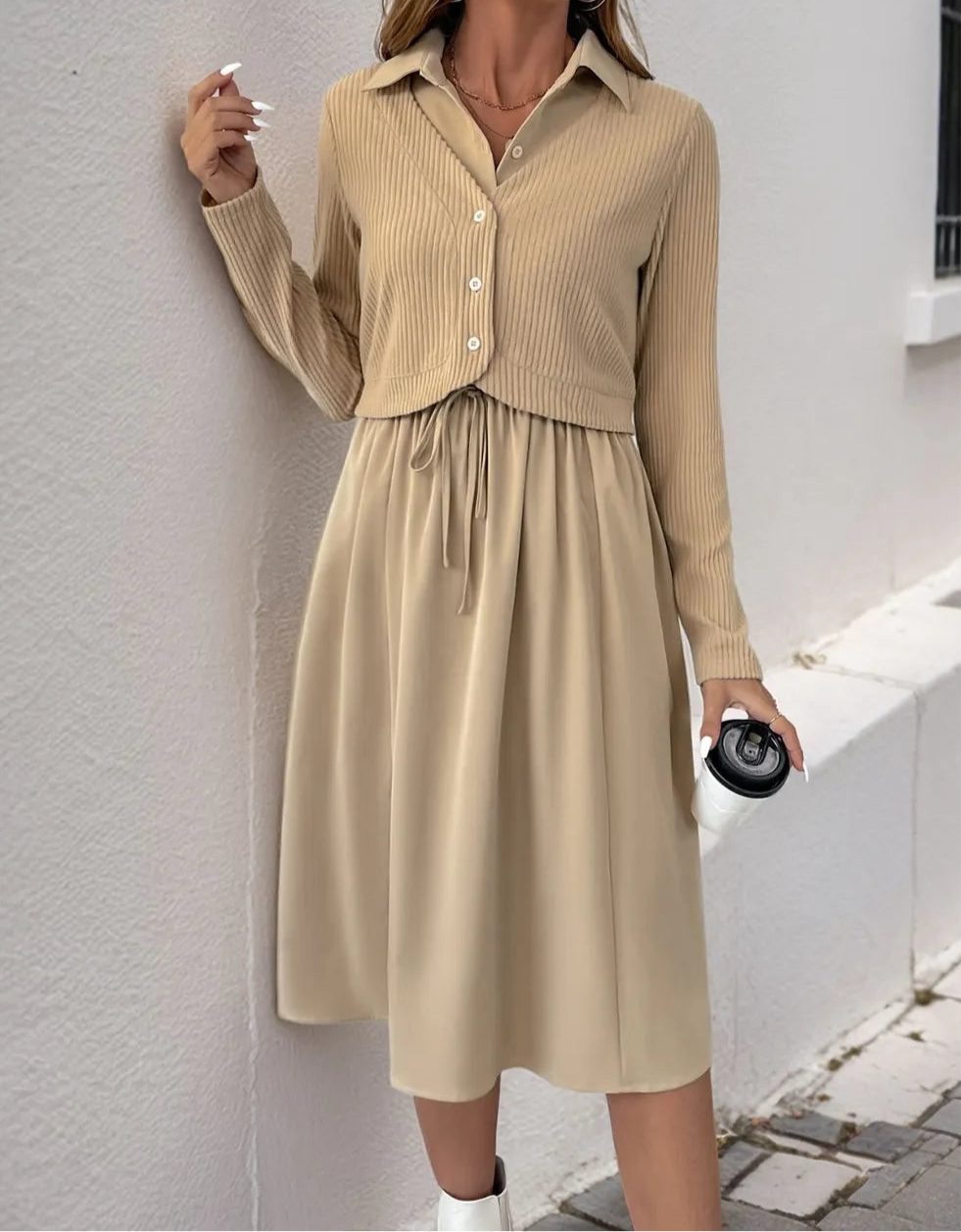 Perfee Fake Two Piece Collared Neck Long Sleeve Midi Dress