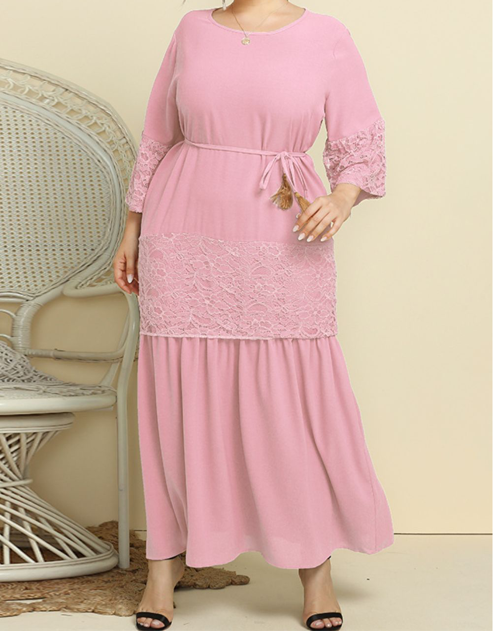 Plus Size Spliced Lace Tassel Belted Dress