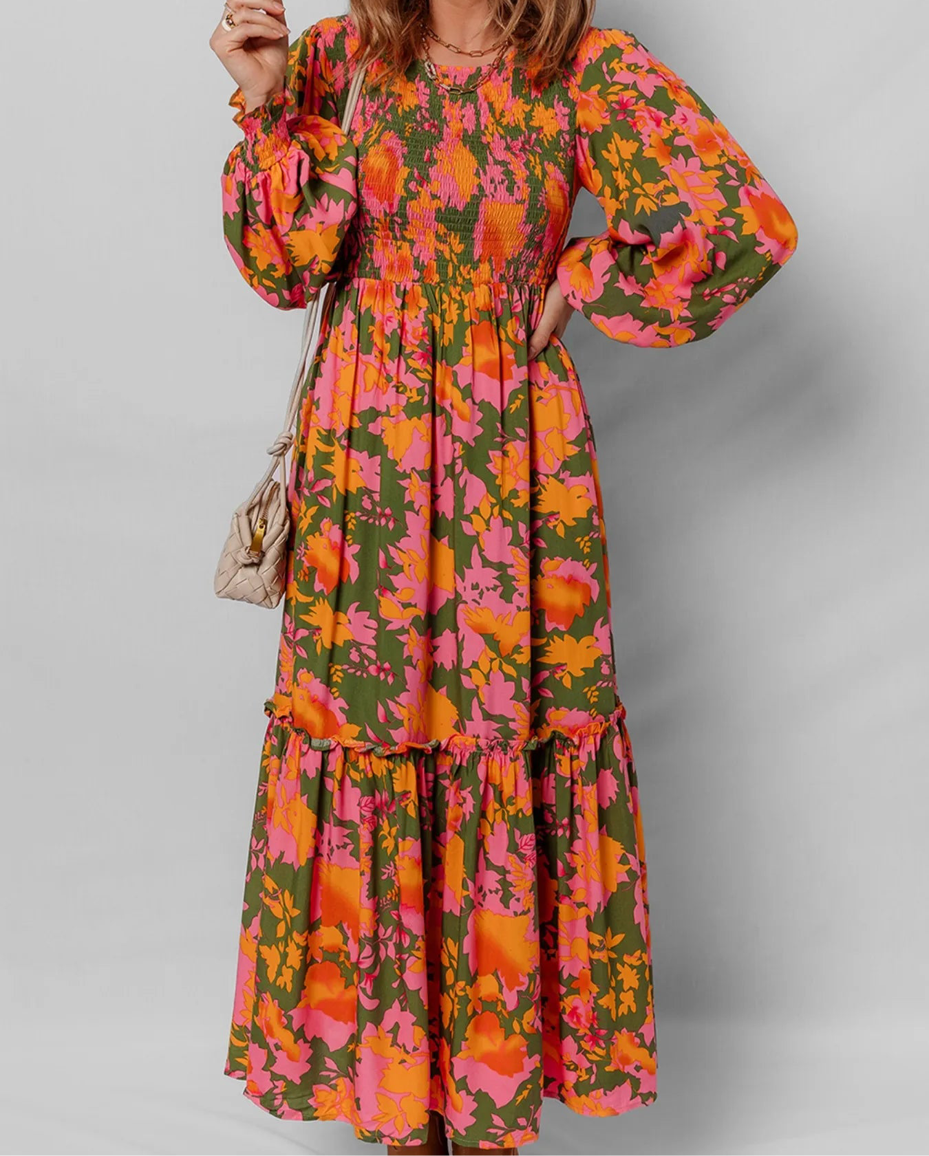 Smocked Floral Print Long Sleeve Maxi Dress