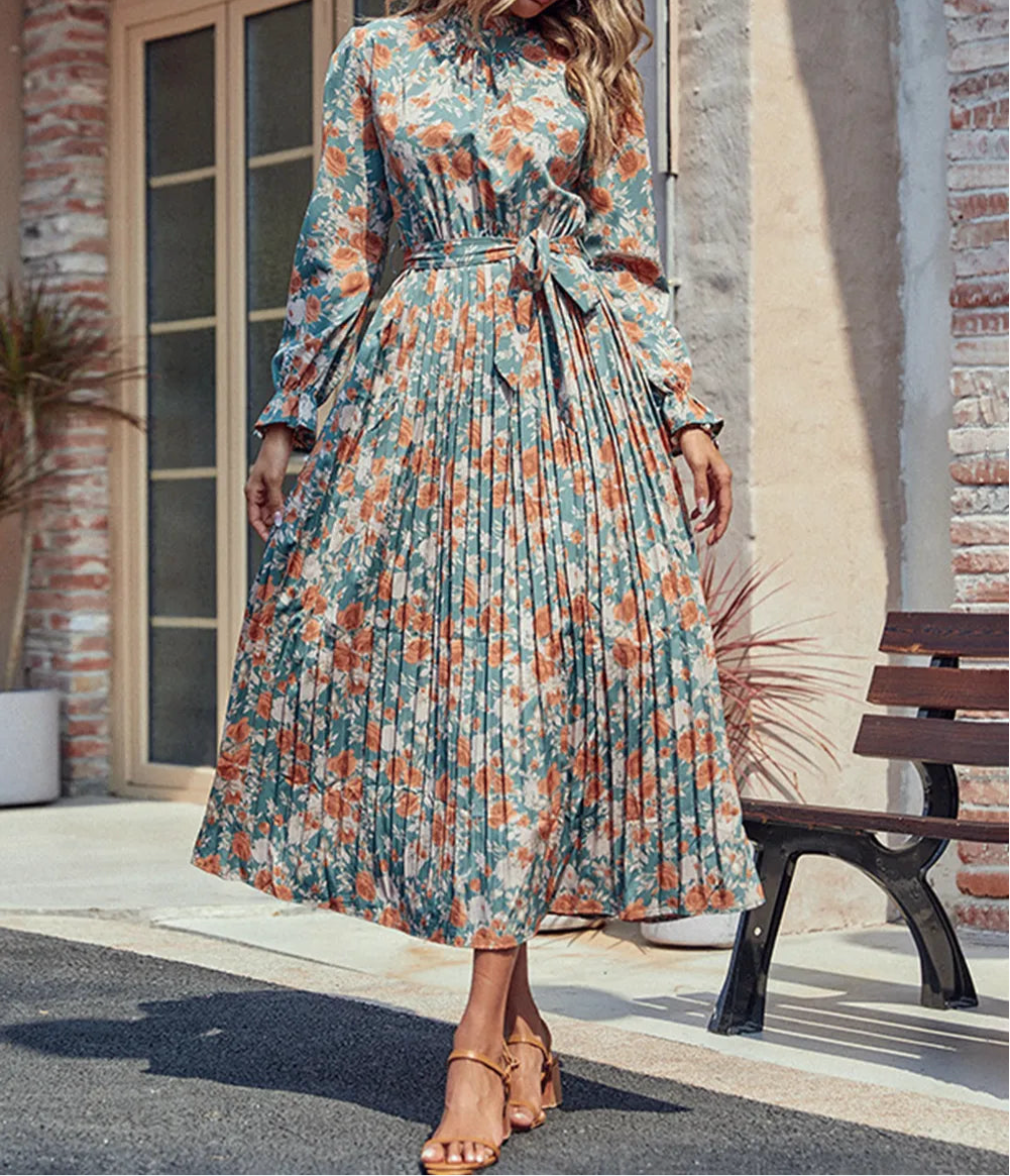 Perfee Tied Pleated Printed Mock Neck Long Sleeve Dress