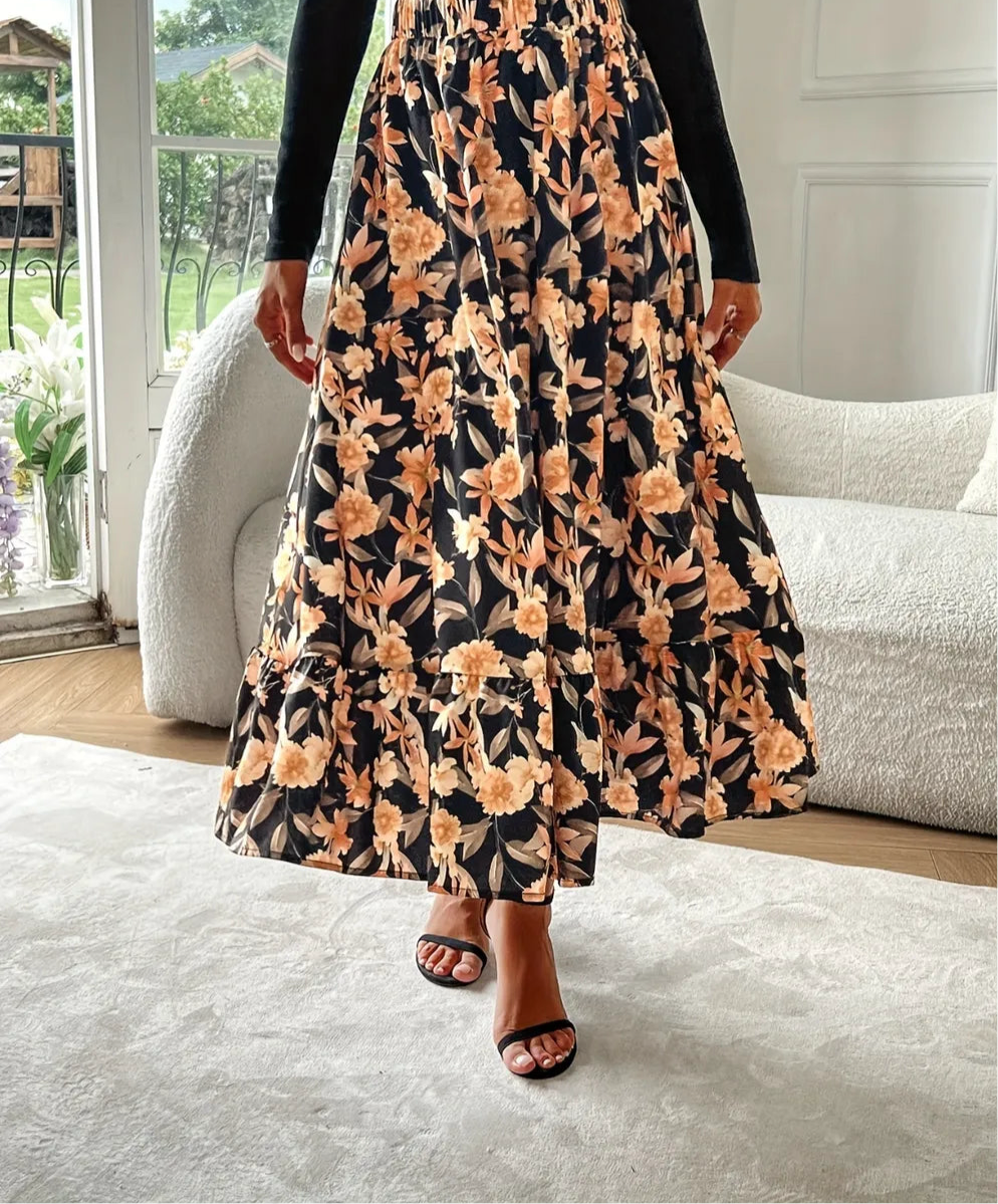 Floral Elastic Waist Midi Skirt