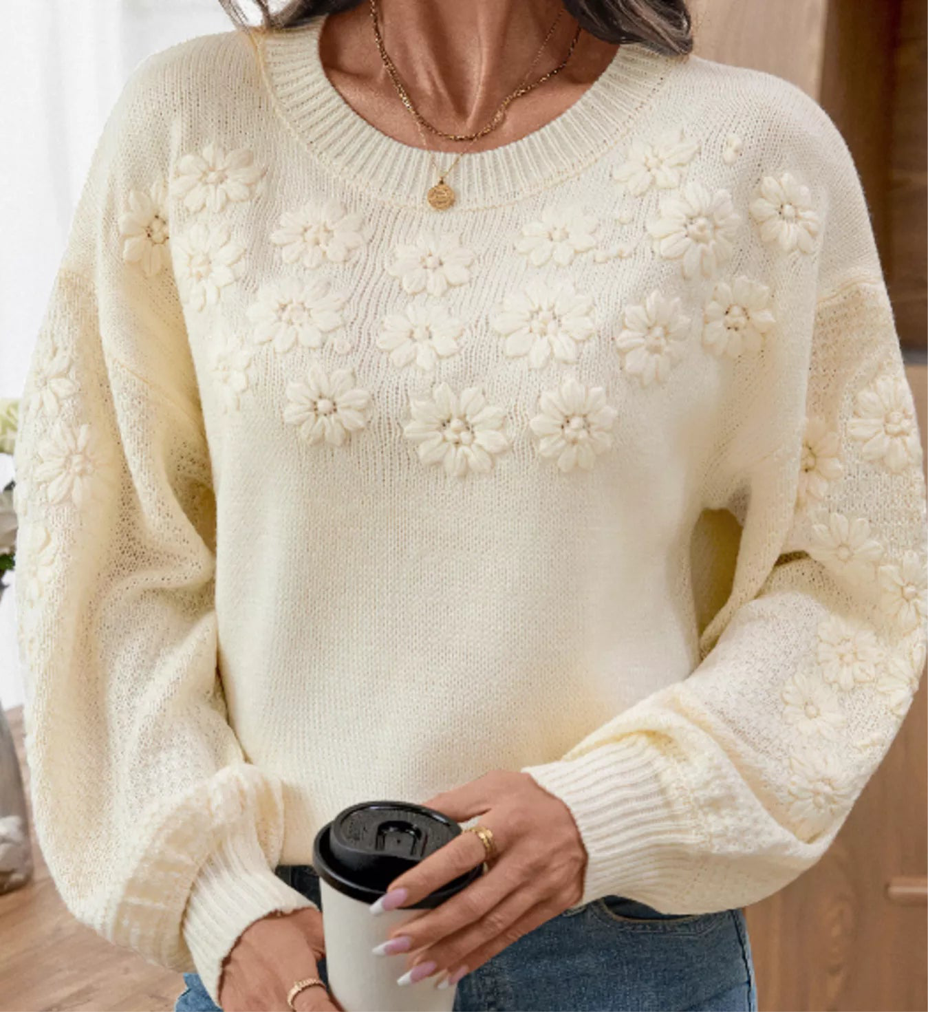 Flower Round Neck Long Sleeve Sweater