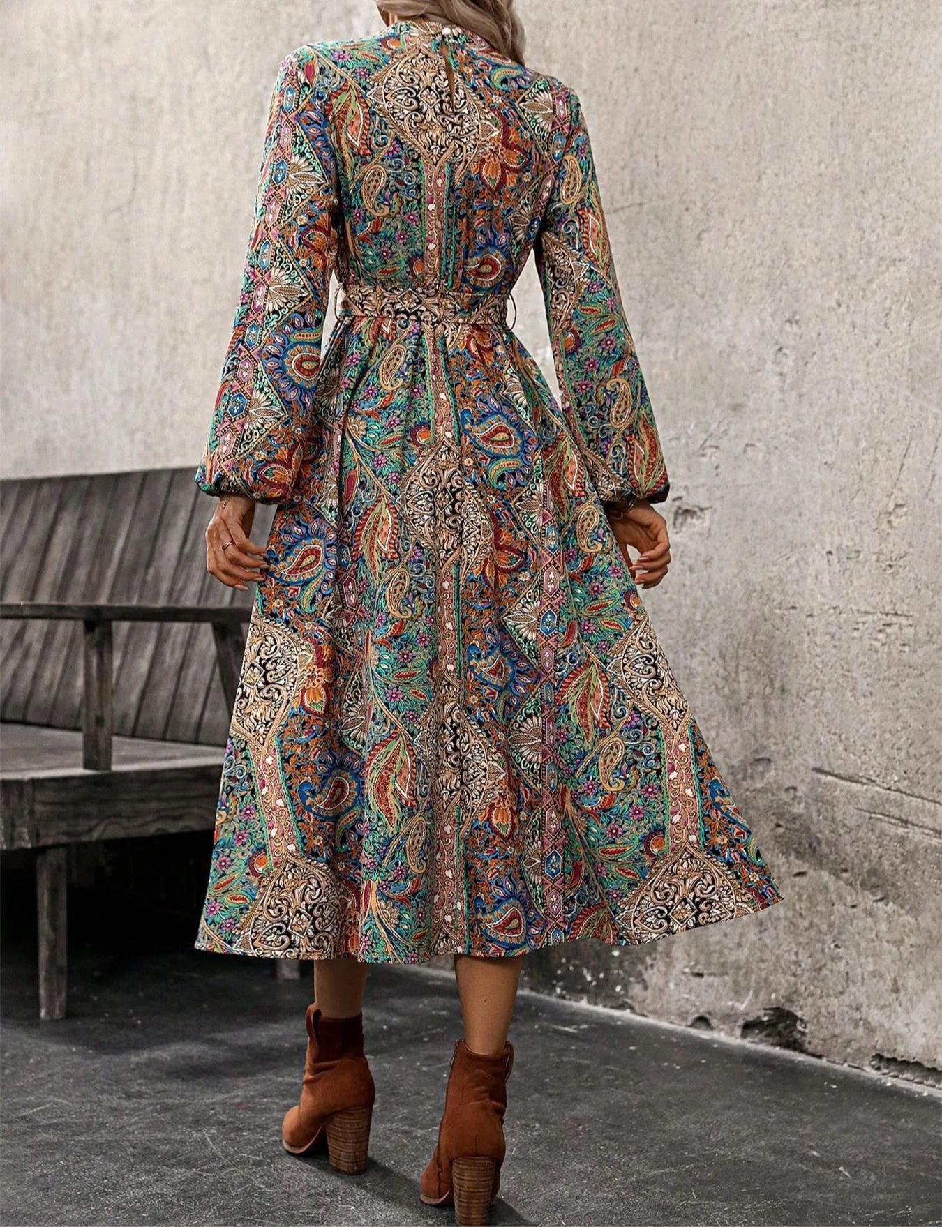 Paisley Print Long Sleeve Midi Dress