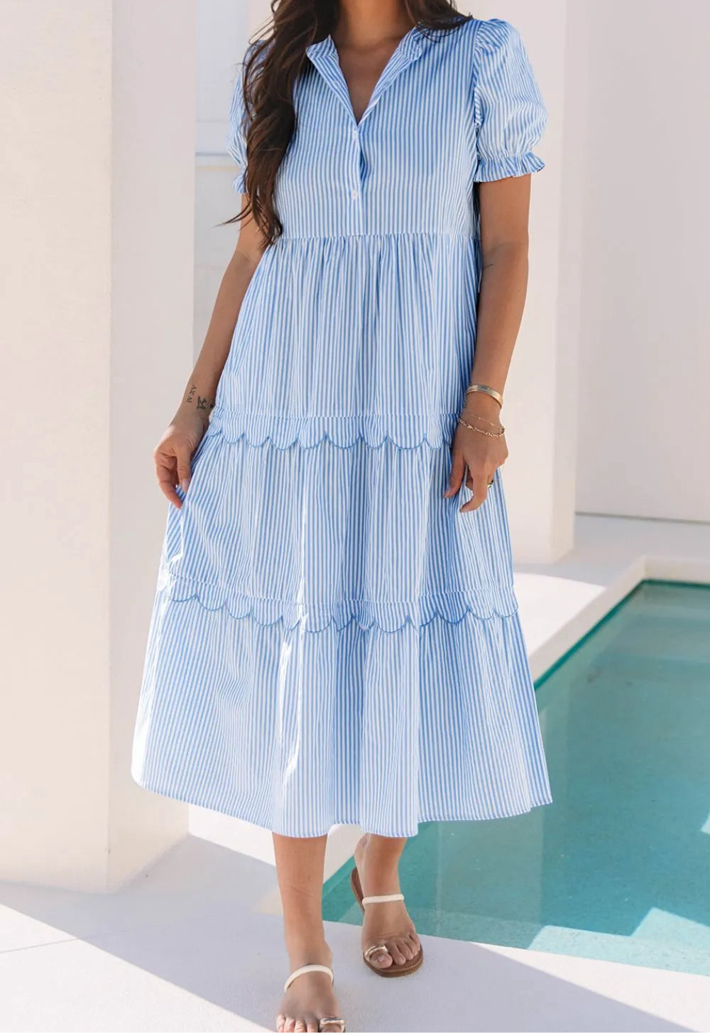 Stripe Bubble Short Sleeve Tiered Scallop Midi Dress