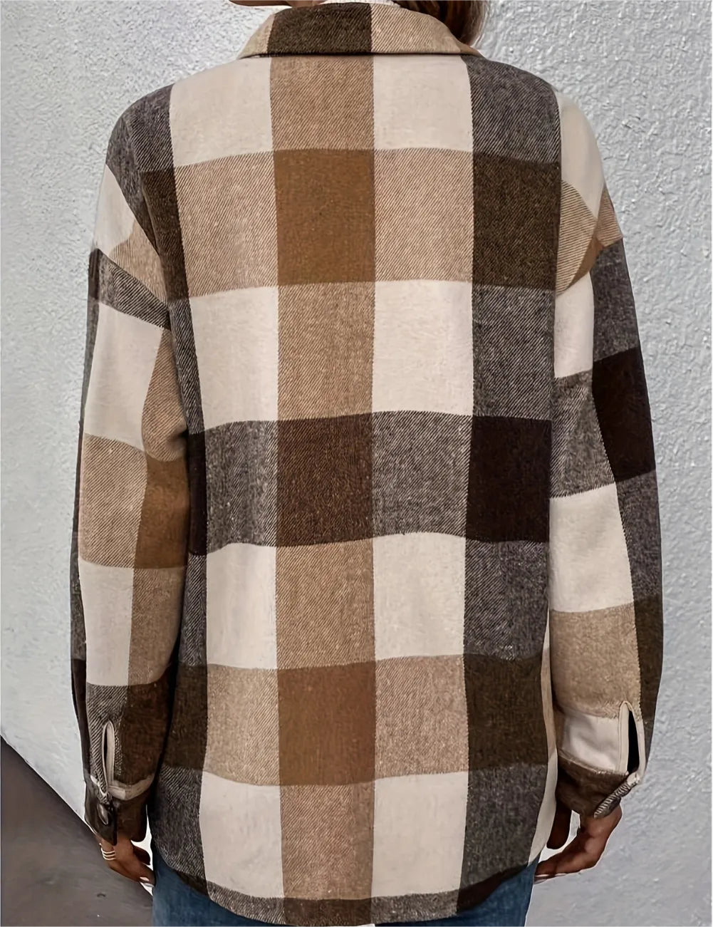 Curved Hem Plaid Collared Neck Shacket