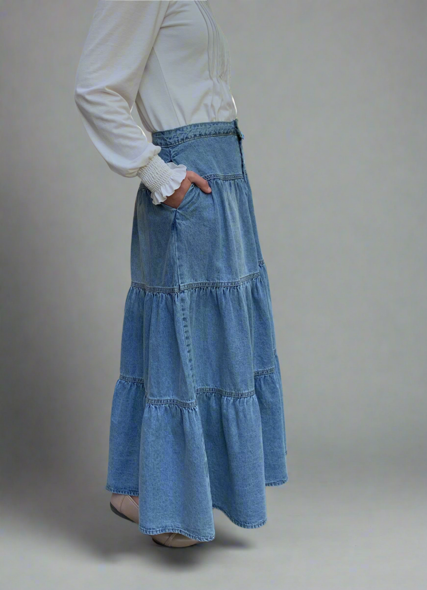 Ruched Button Fly Denim Skirt