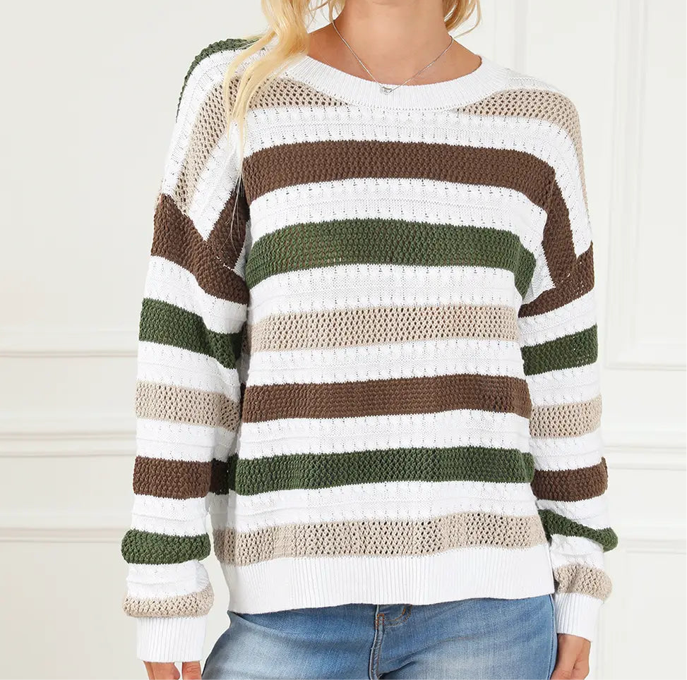 Striped Openwork Dropped Shoulder Sweater