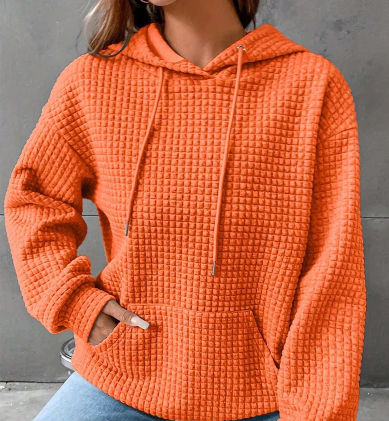 Waffle Knit Drawstring Long Sleeve Hoodie