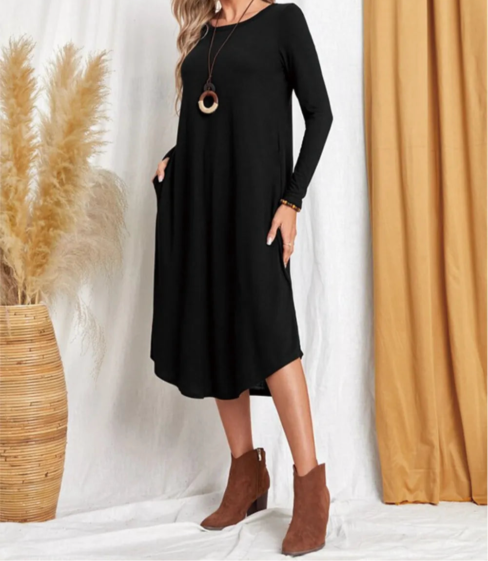 Pocketed Round Neck Long Sleeve Tee Dress