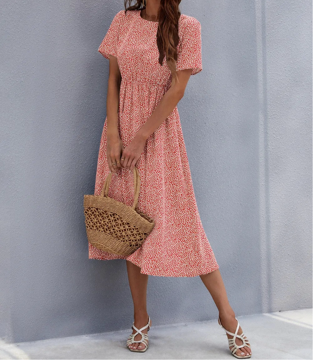 Honey Printed Round Neck Short Sleeve Midi Dress