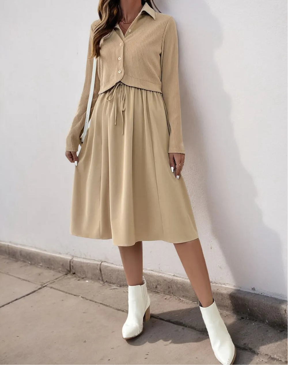 Perfee Fake Two Piece Collared Neck Long Sleeve Midi Dress