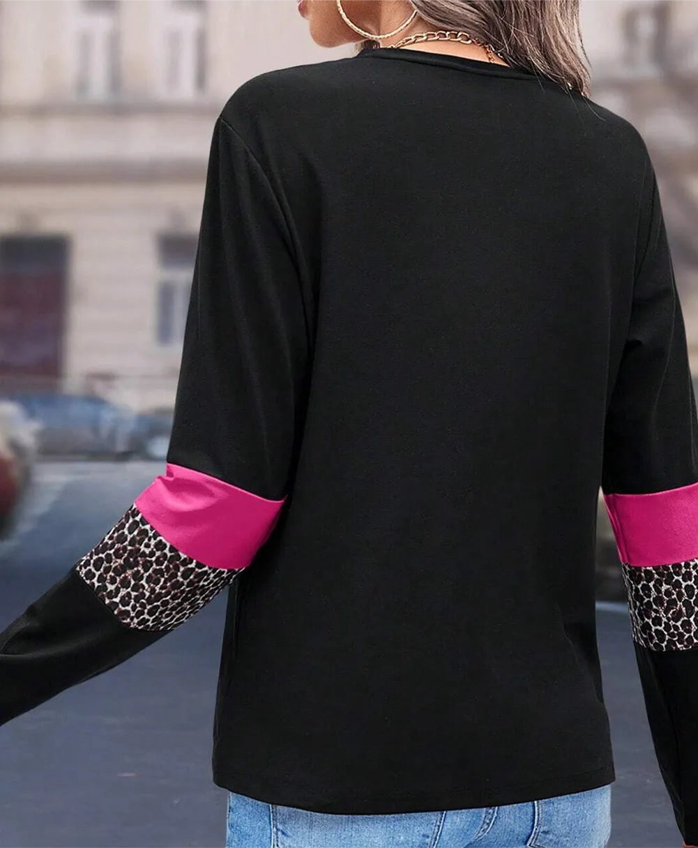 Leopard Round Neck Long Sleeve Blouse