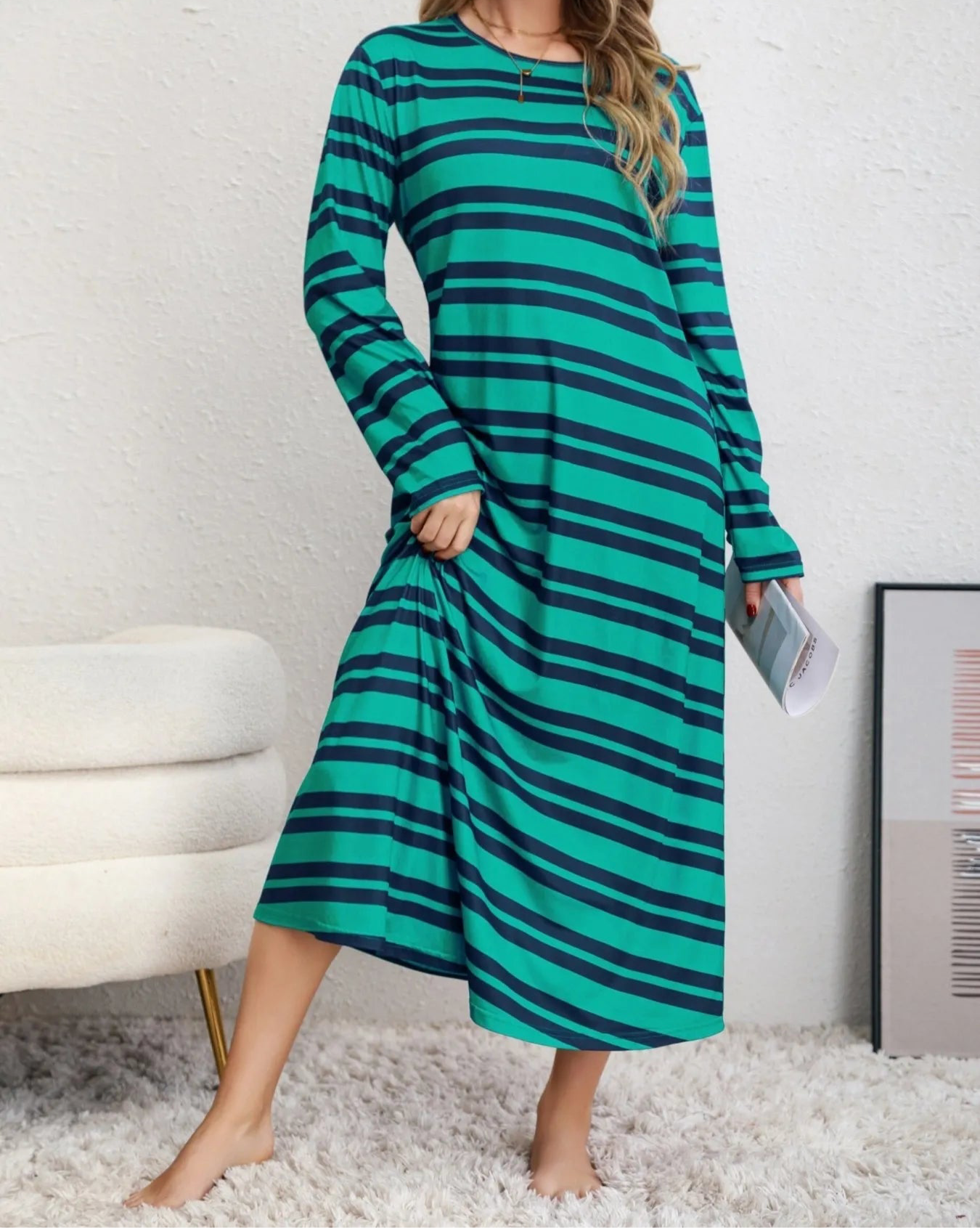 Plus Size Striped Round Neck Long Sleeve Tee Dress