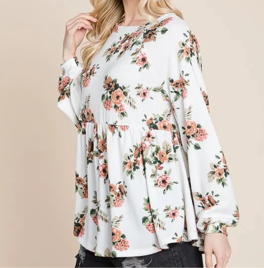 Super Lady Full Size Babydoll Floral Boat Neck Long Sleeve Blouse