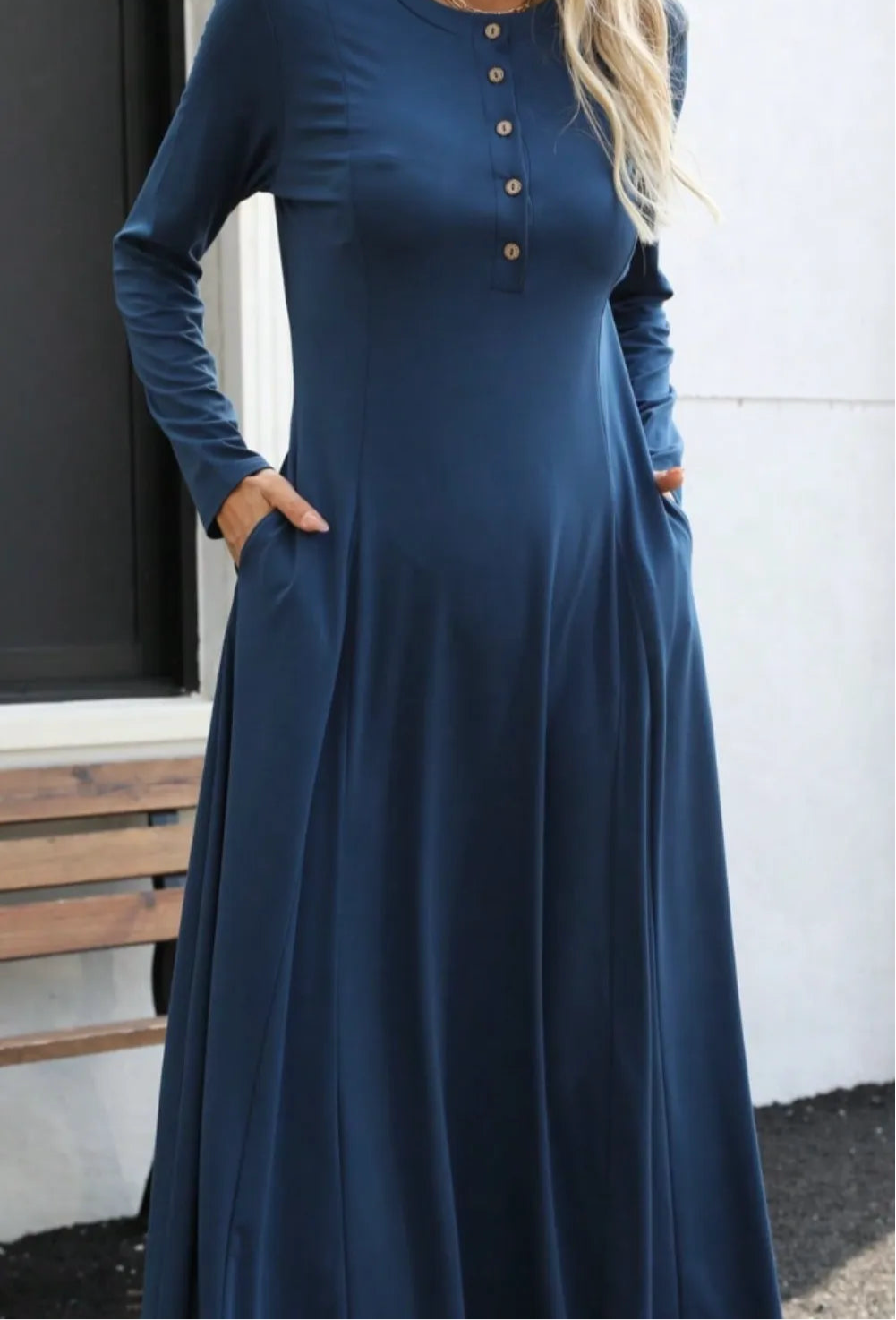 Round Neck Long Sleeve Maxi Dress with Pockets