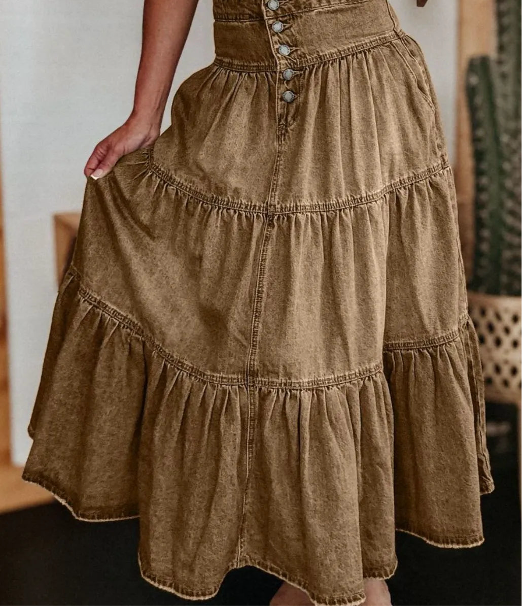 Ruched Button Fly Denim Skirt