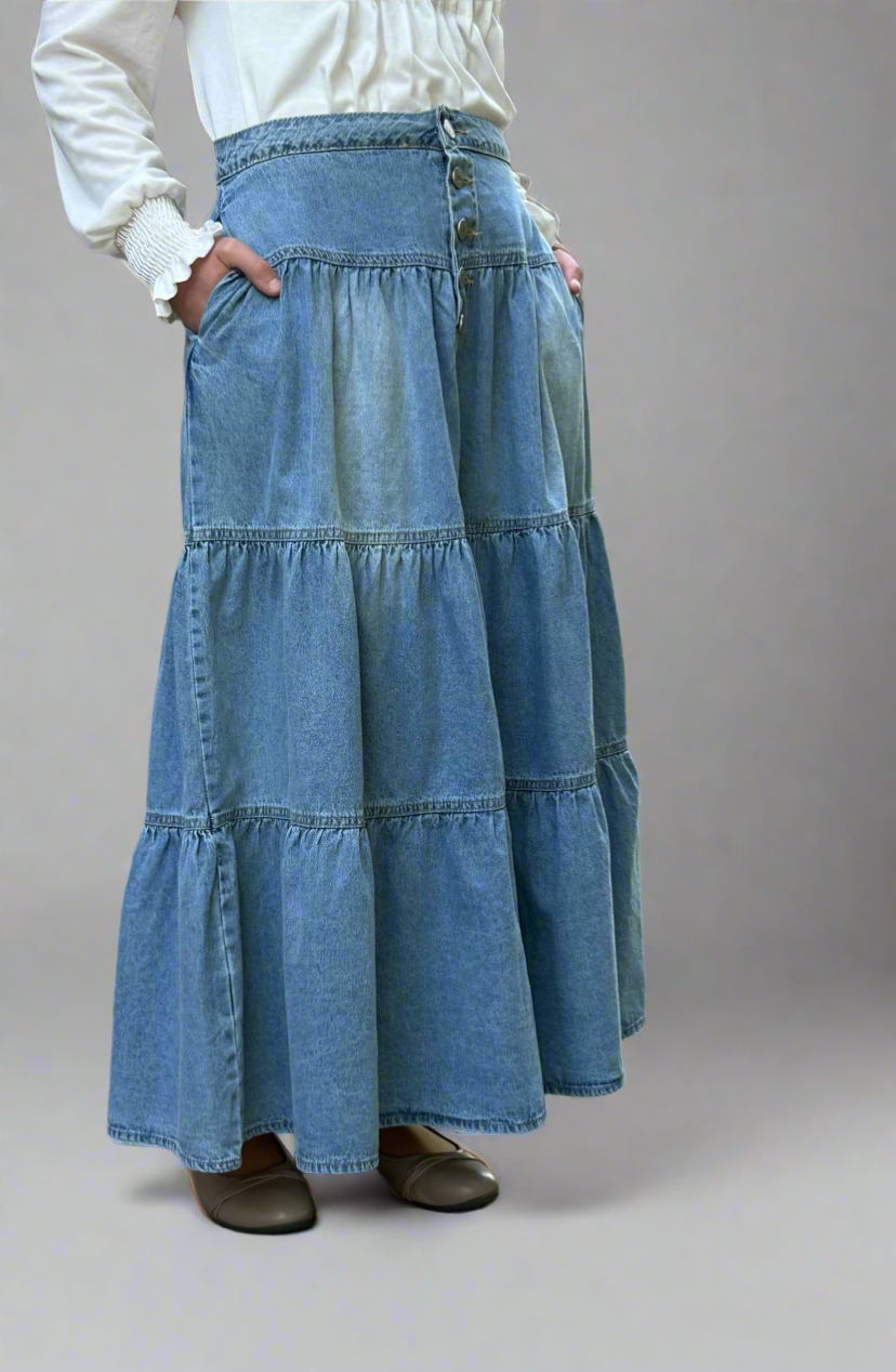 Ruched Button Fly Denim Skirt