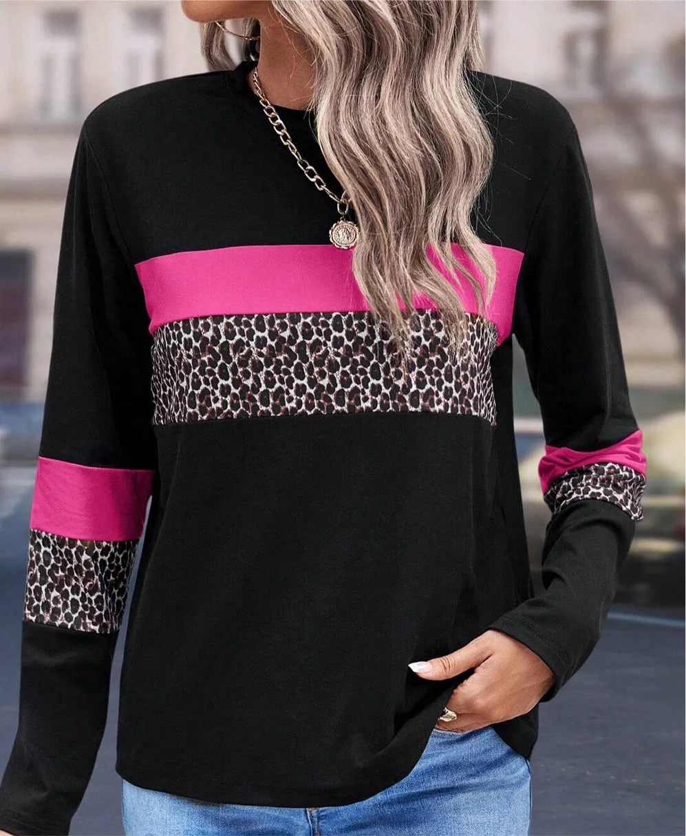 Leopard Round Neck Long Sleeve Blouse