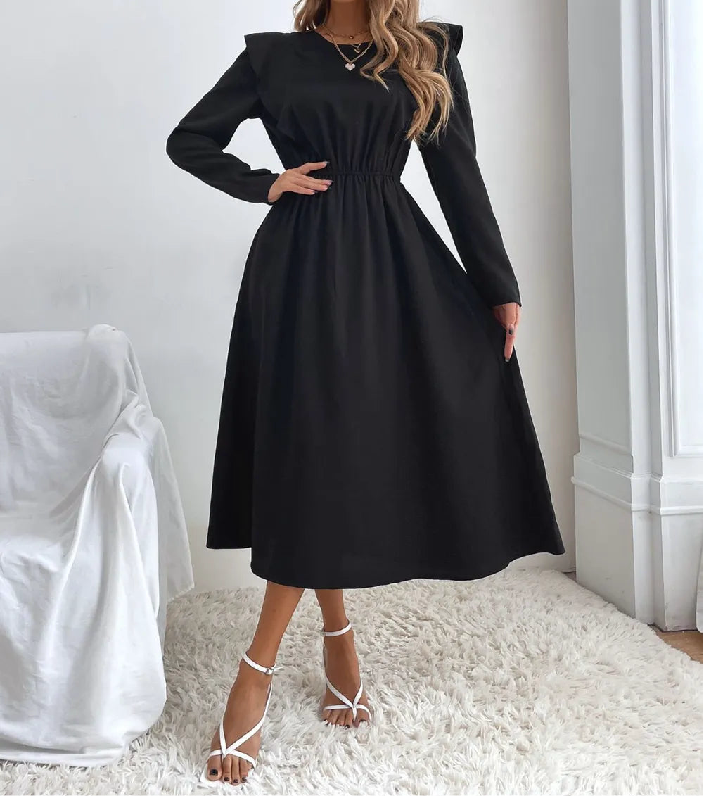 Ruched Ruffled Round Neck Long Sleeve Dress