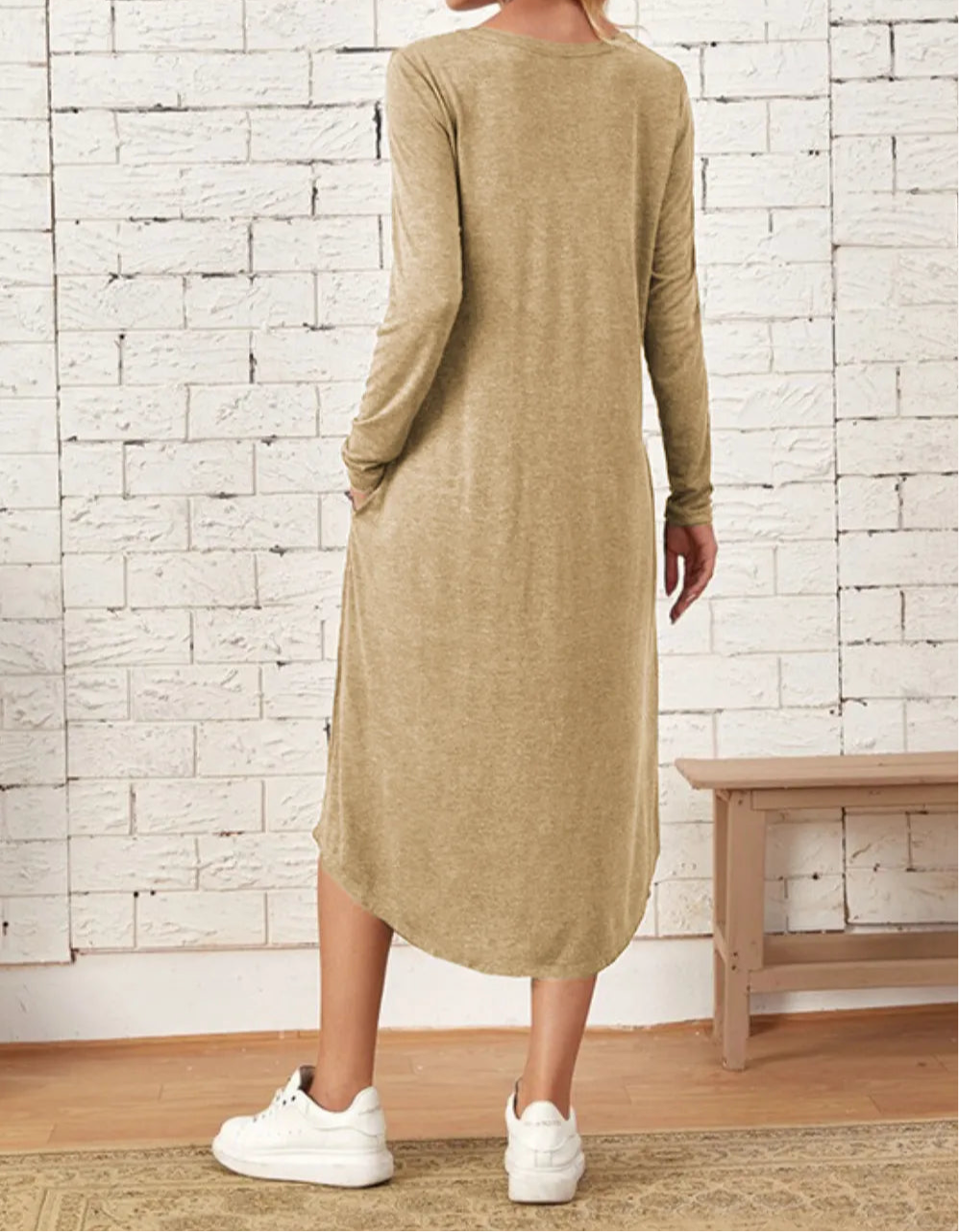 Pocketed Round Neck Long Sleeve Tee Dress