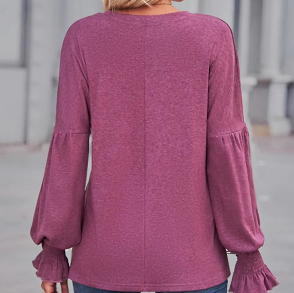 Round Neck Flounce Sleeve Blouse