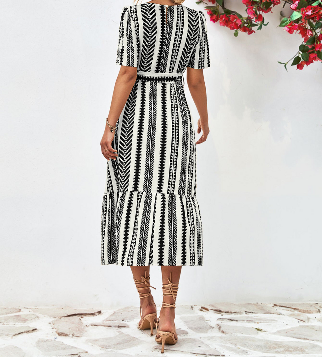 Striped Tie Belt Round Neck Puff Sleeve Dress