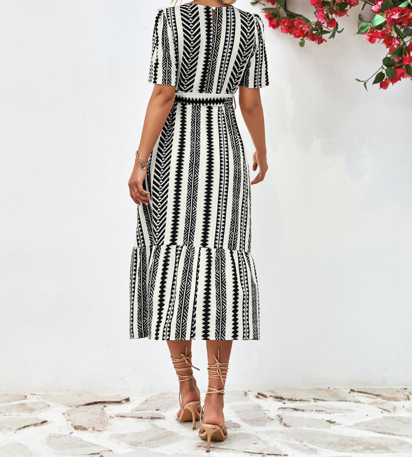 Striped Tie Belt Round Neck Puff Sleeve Dress