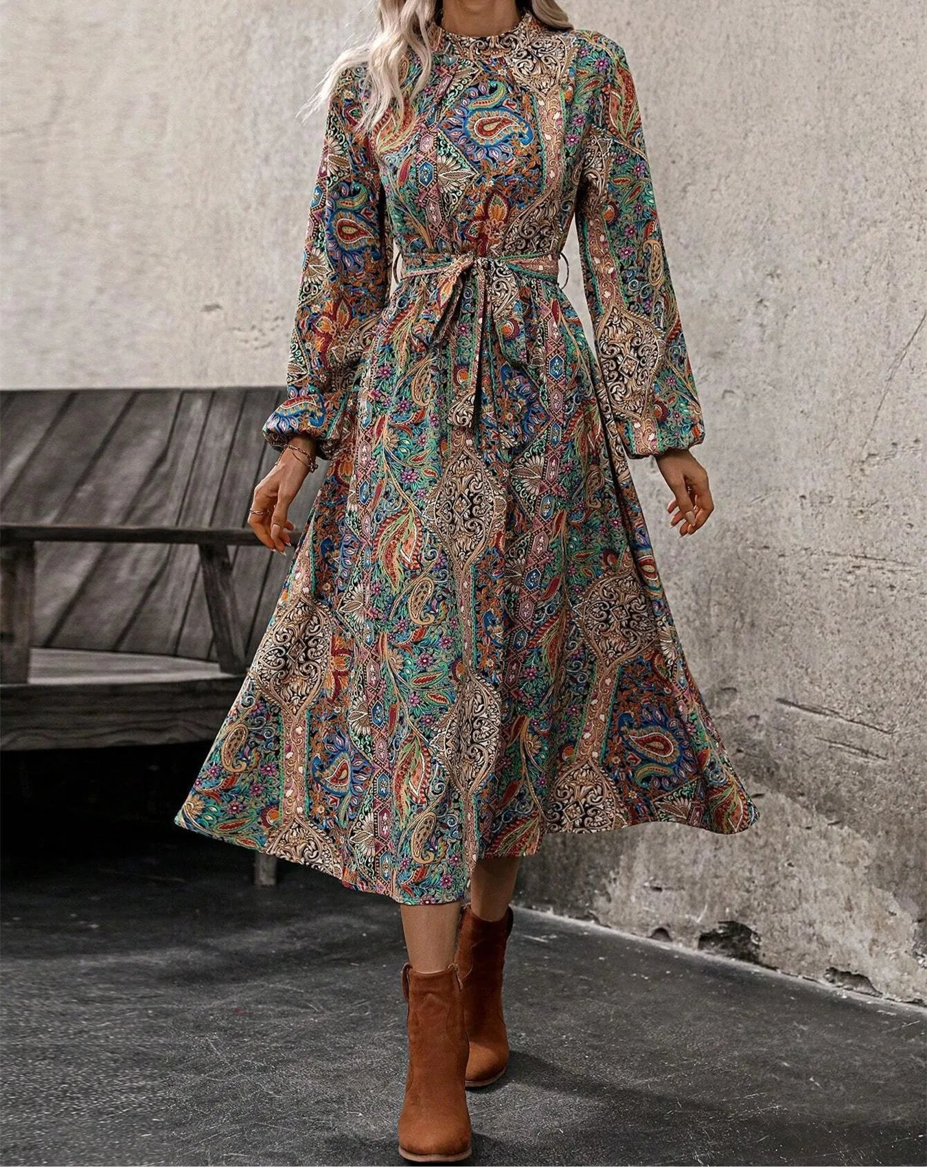 Paisley Print Long Sleeve Midi Dress