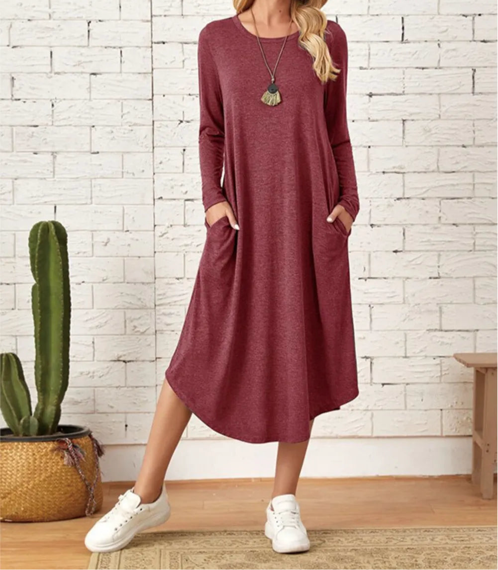 Pocketed Round Neck Long Sleeve Tee Dress