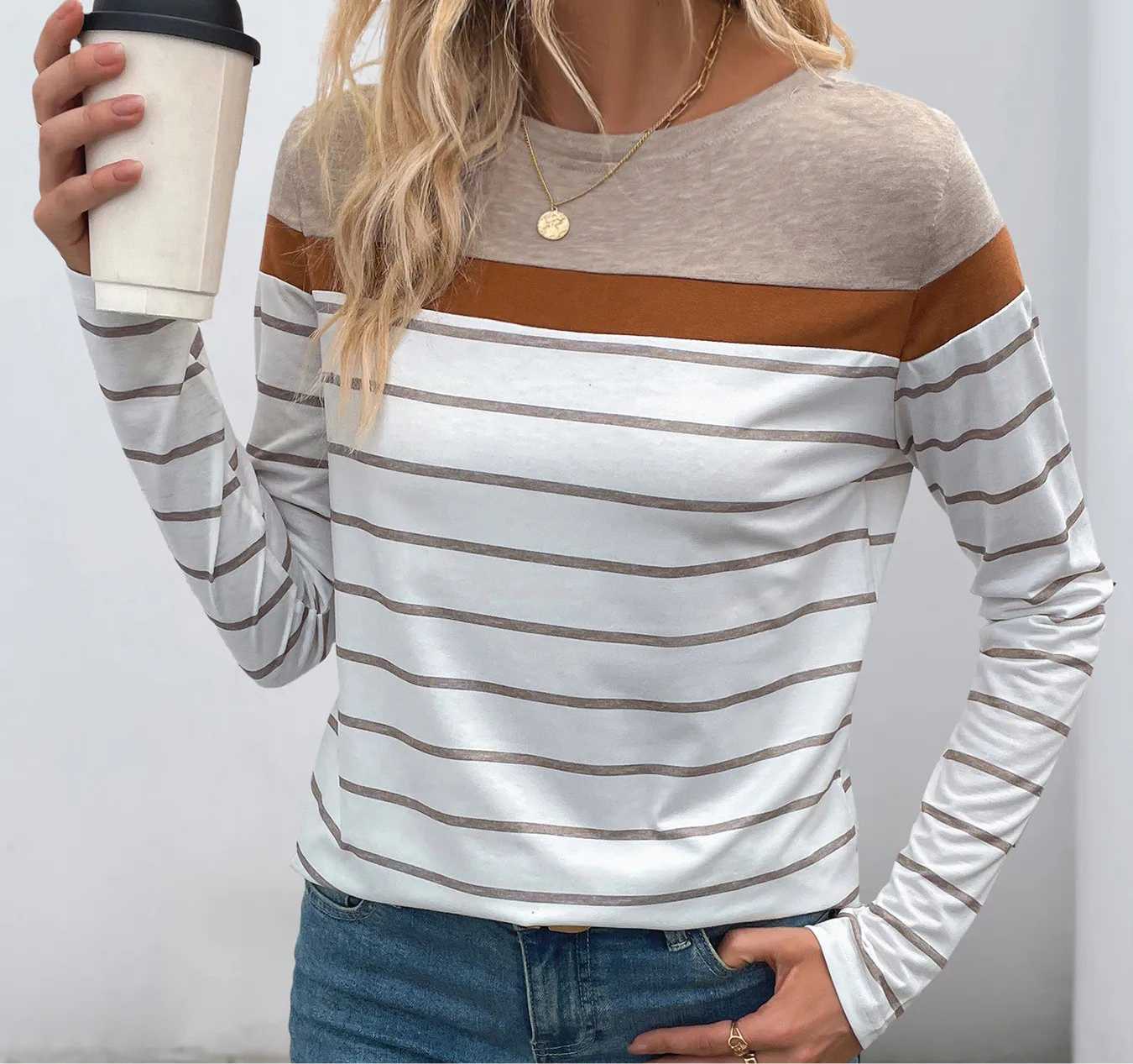 Casual Striped Long Sleeve Color Block T-Shirt