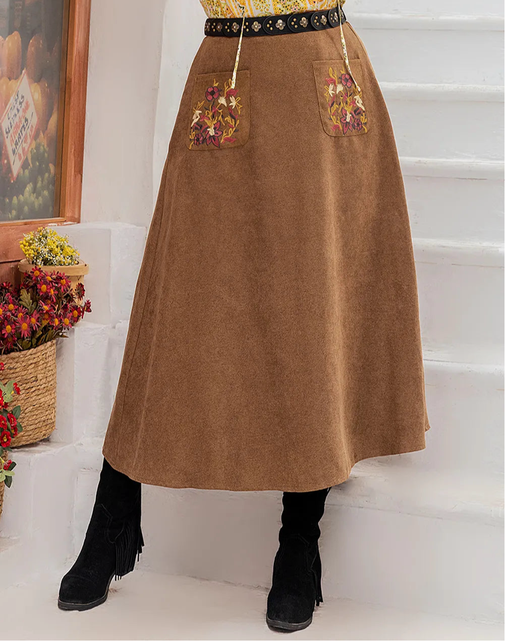 Plus Size Embroidered Pocketed High Waist Skirt