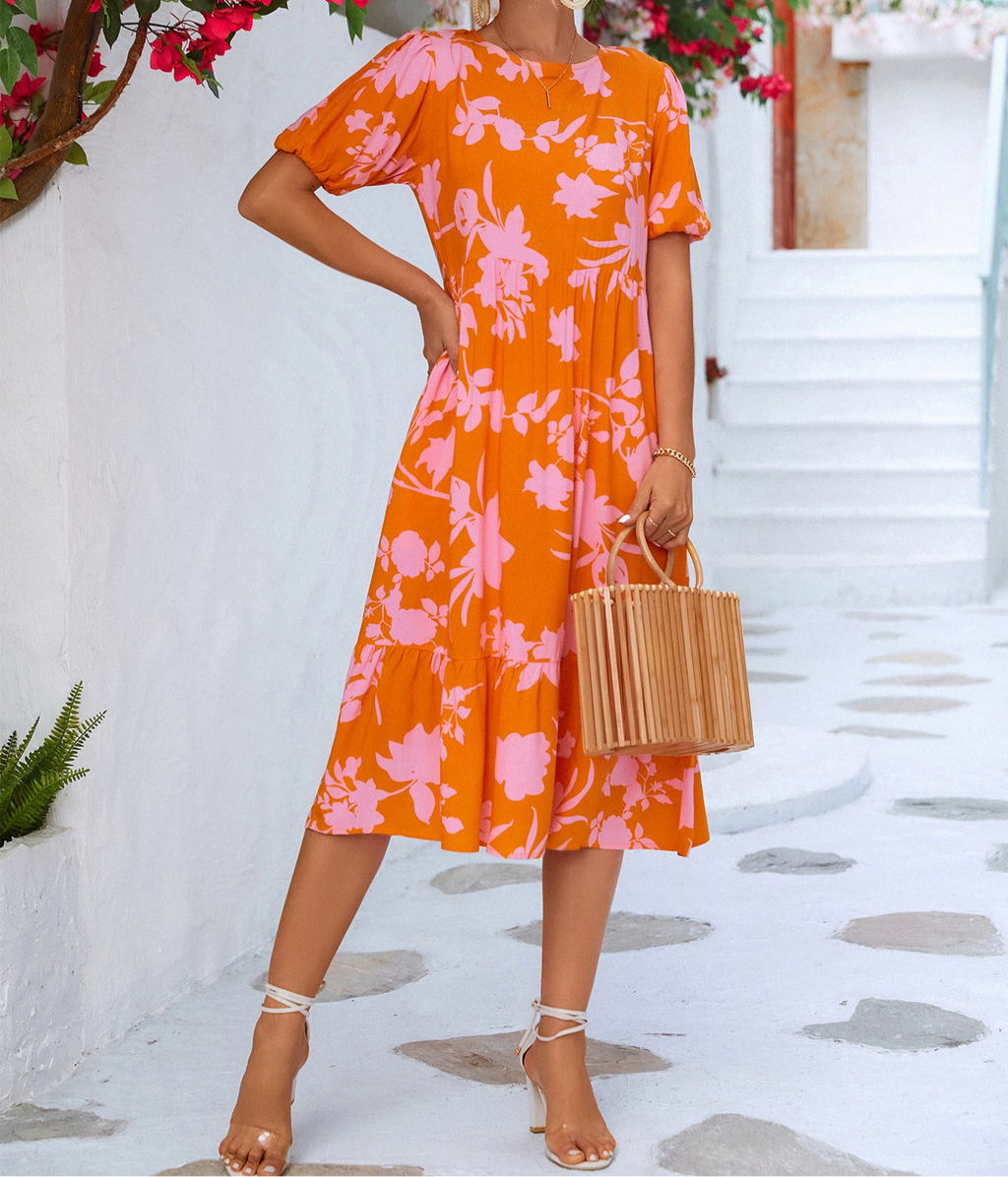 Floral Puff Sleeve Ruffle Hem Midi Dress