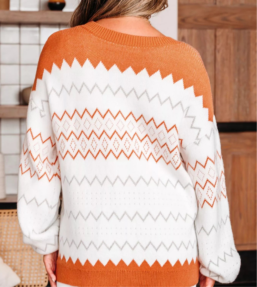 Zigzag Geometric Pattern Round Neck Sweater