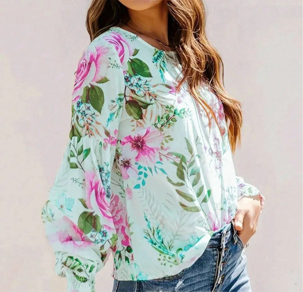 Smocked Printed Round Neck Lantern Sleeve Blouse