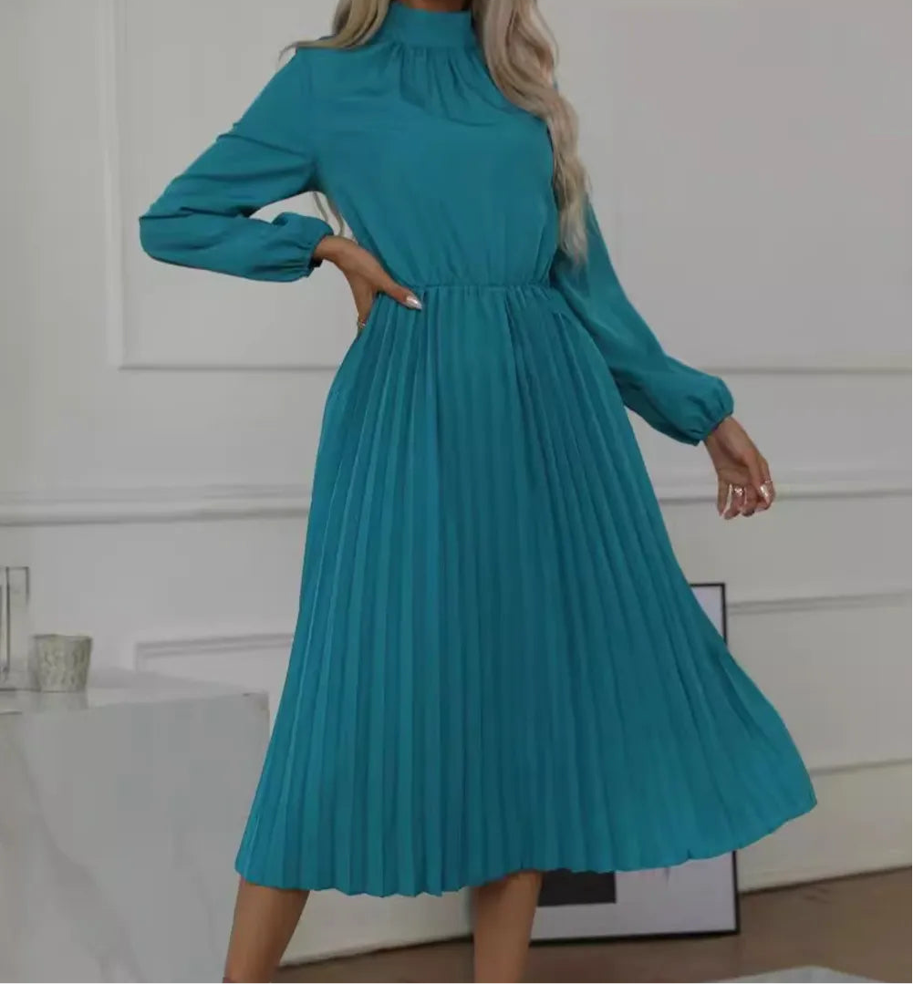 Mock Neck Long Sleeve Pleated Dress