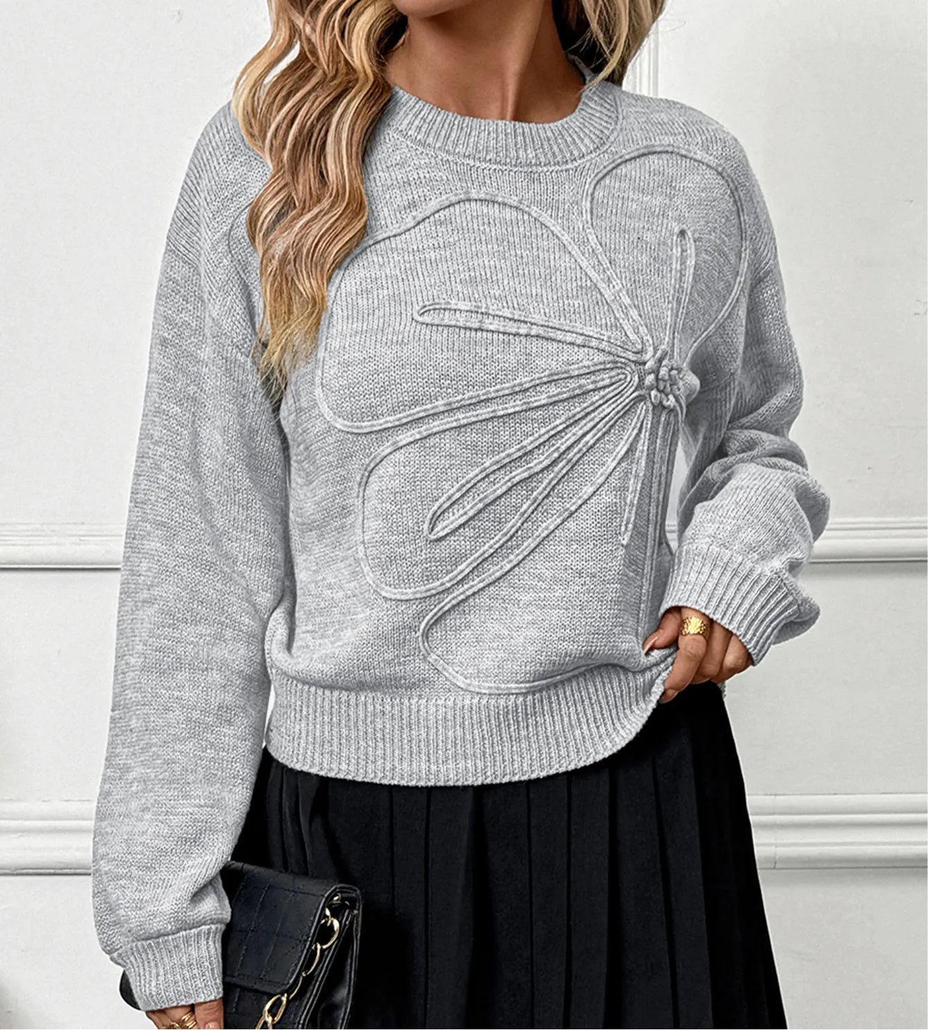 Flower Round Neck Long Sleeve Sweater