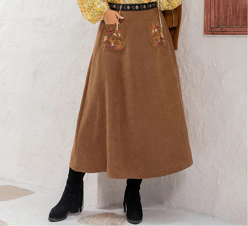Plus Size Embroidered Pocketed High Waist Skirt