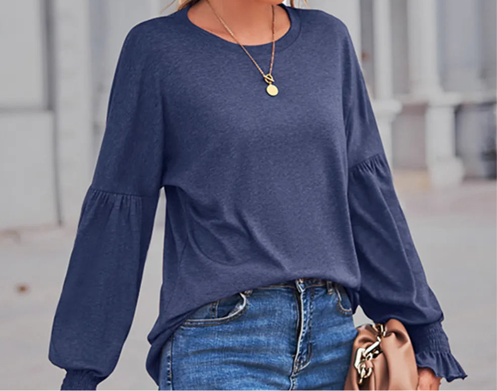 Round Neck Flounce Sleeve Blouse