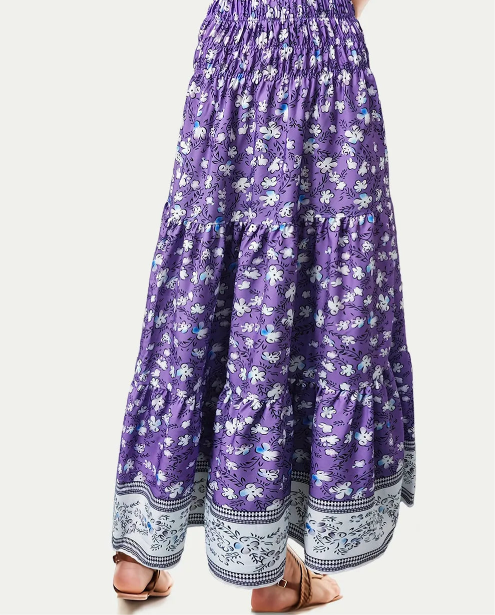 Full Size Tiered Printed Elastic Waist Skirt