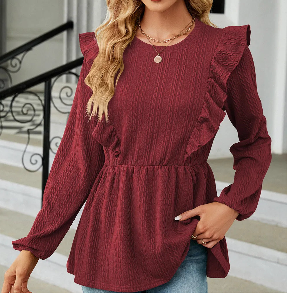 Ruffled Round Neck Balloon Sleeve Blouse