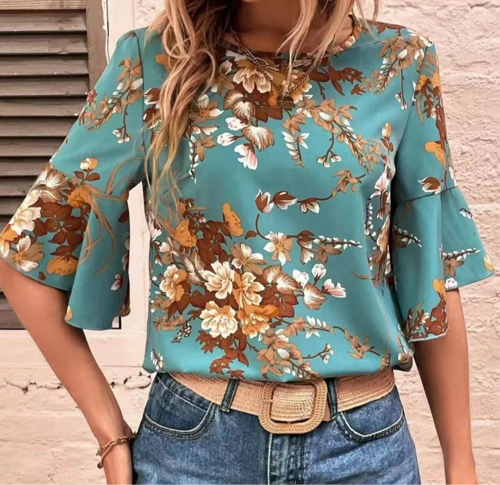 Printed Round Neck Half Sleeve Blouse