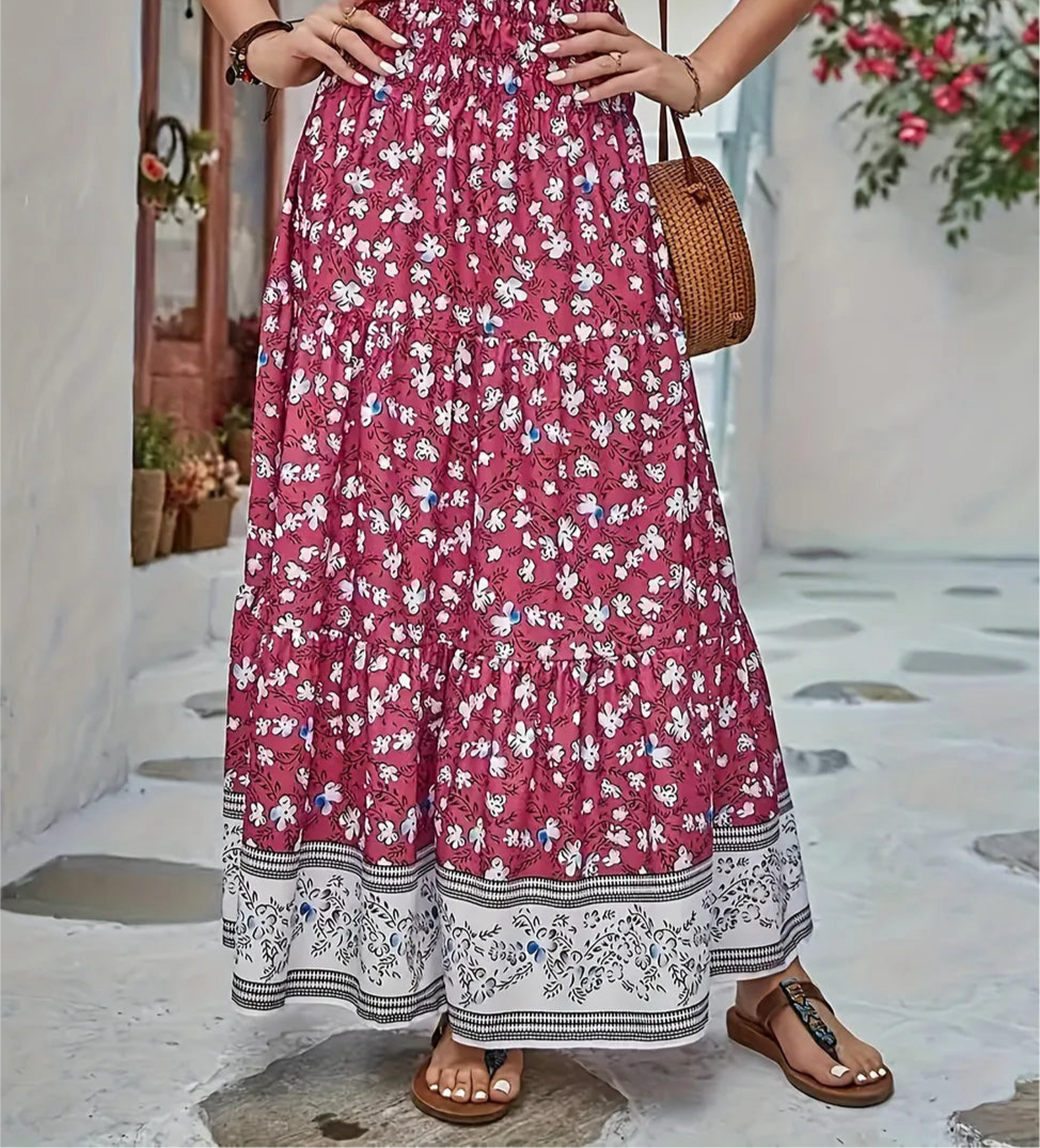 Full Size Tiered Printed Elastic Waist Skirt