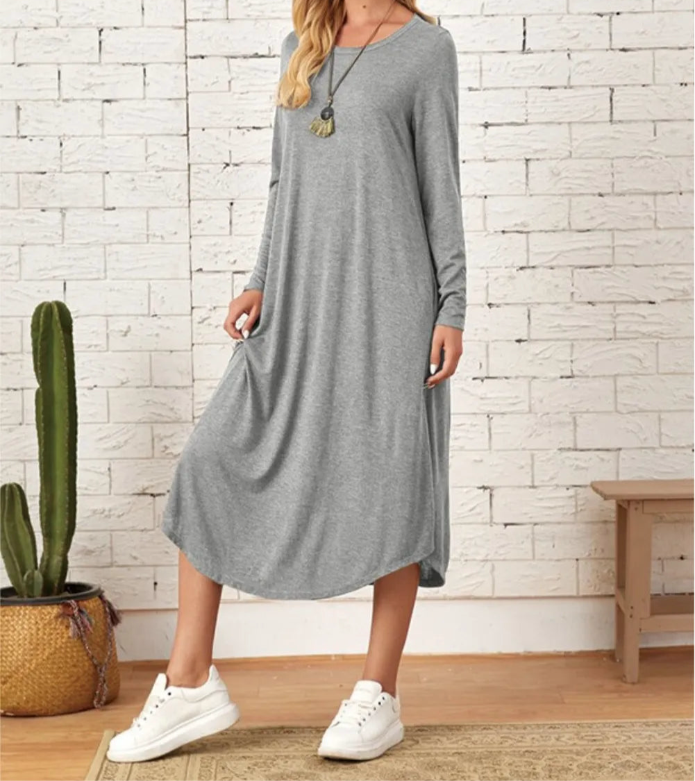 Pocketed Round Neck Long Sleeve Tee Dress