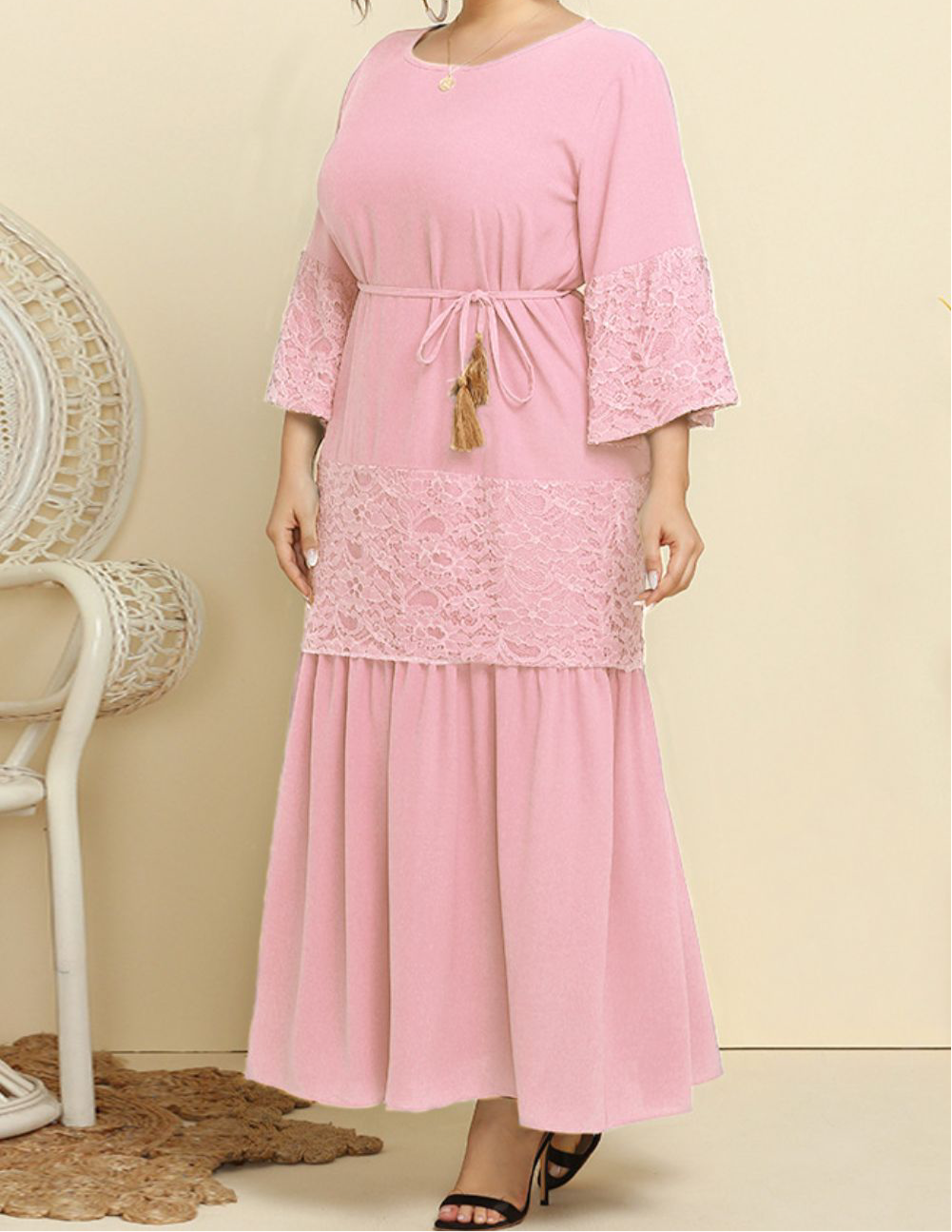 Plus Size Spliced Lace Tassel Belted Dress