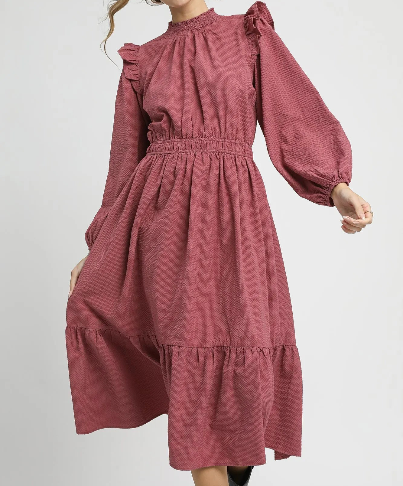 Textured Midi Dress with Ruffle Shoulder Detail