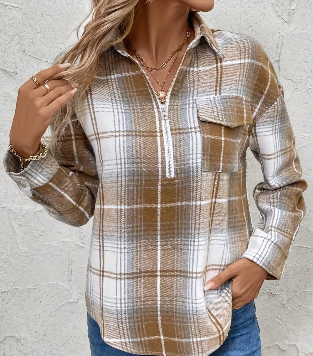 Plaid Collared Neck Half Zip Long Sleeve Top