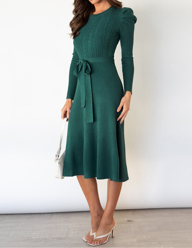 Round Neck Long Sleeve Tie Waist Sweater Dress